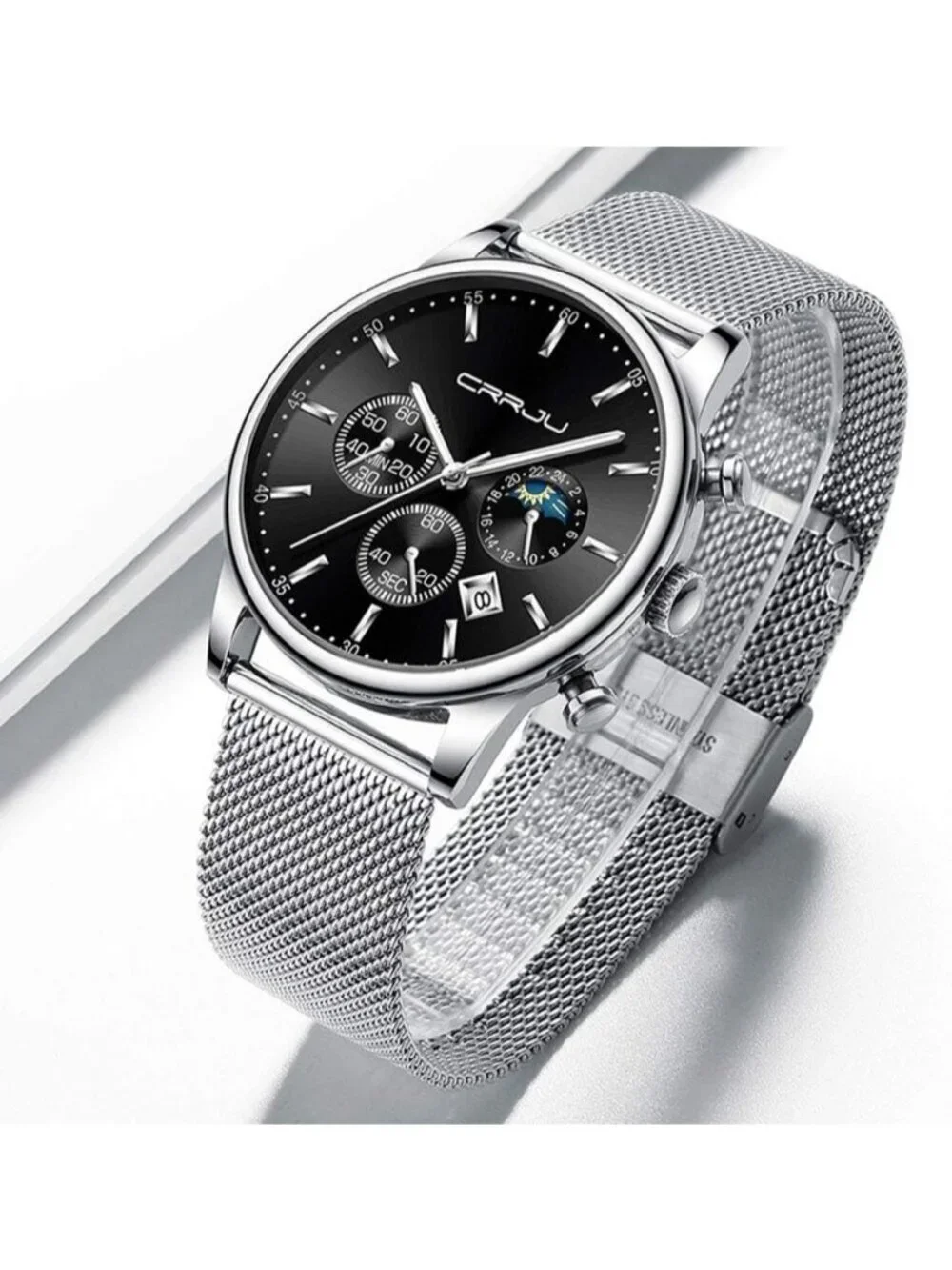 Men's Silver Black Chronograph Waterproof Steel Quartz Mesh Strap Casual Watch